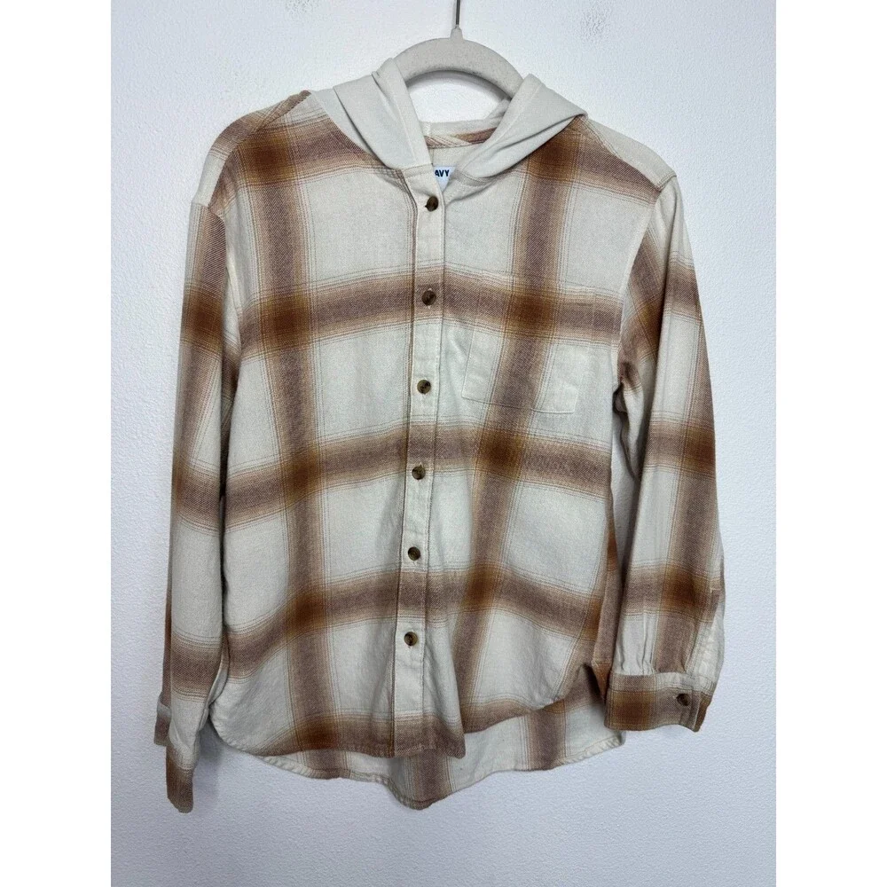 Old Navy Girls XL Hooded Flannel Shirt Cream Tan Plaid Button Front Long Sleeve